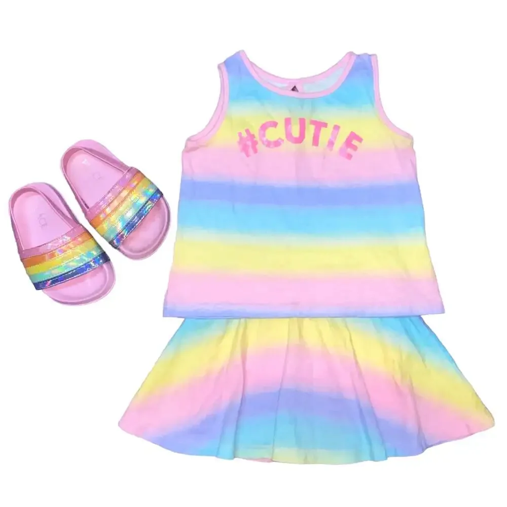 12-18m Baby Girls Pastel Rainbow Stripe 3pc Outfit Set Top Skirt Sandals Shoes - Picture 1 of 8